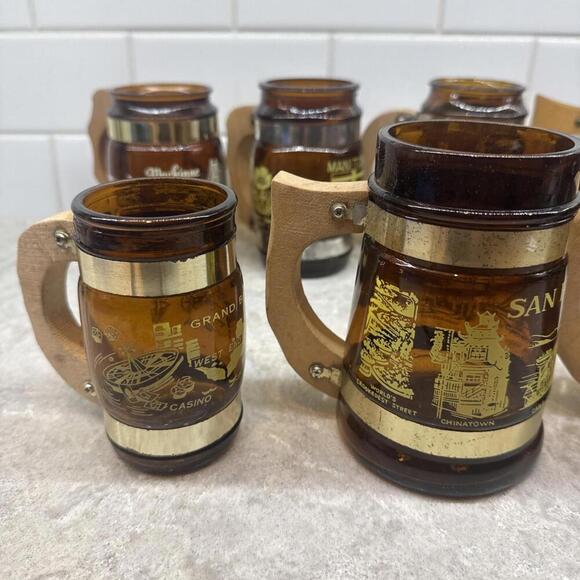 Lot of 9 Vintage Siesta Ware Souvenier Brown Barrel Glass Mugs w Wood Handles - Picture 4 of 13